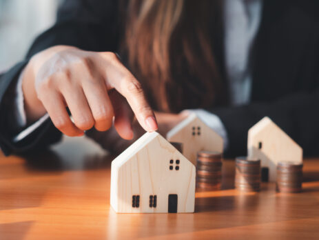 Woman pointing to small wooden home